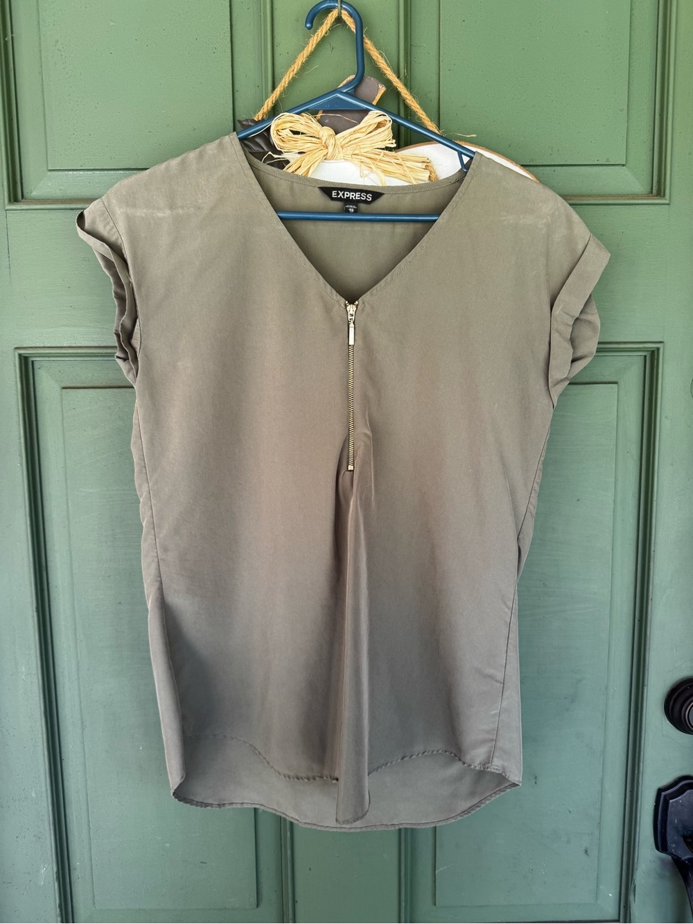 Express Olive Zip Front Cap Sleeve Blouse